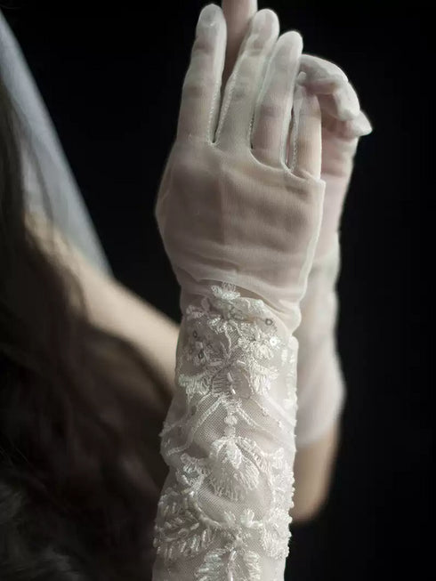 White Bridal Lace Gloves – Embroidered Floral Wedding Gloves